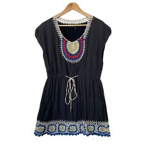 Theme Crochet Tunic Mini Dress Navy Blue Cap Sleeves Size Large